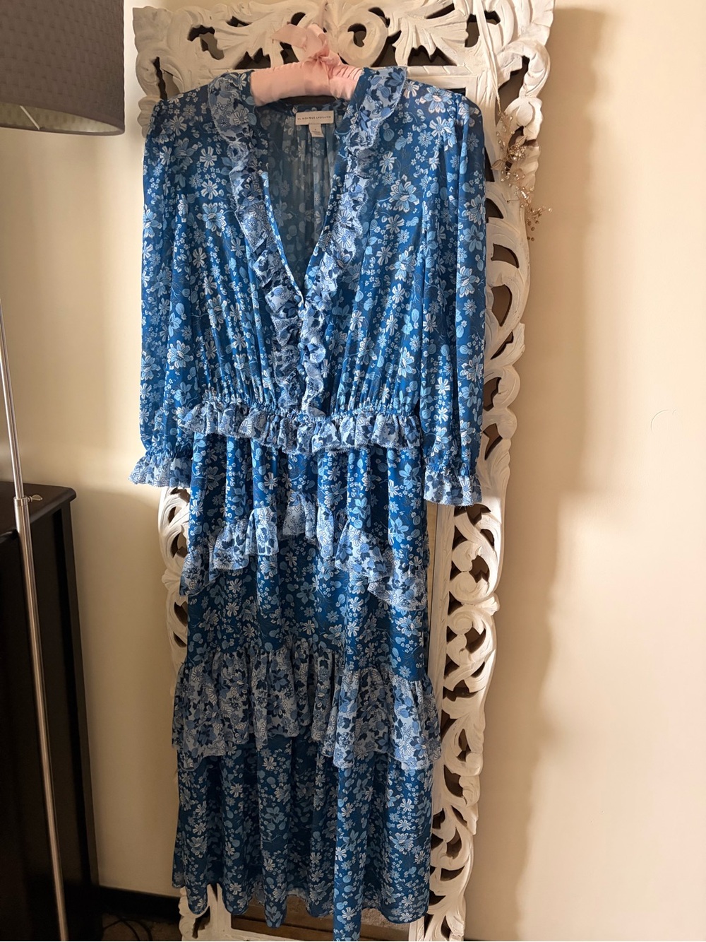 Monique Lhuillier Blue Floral Ruffle Maxi Dress